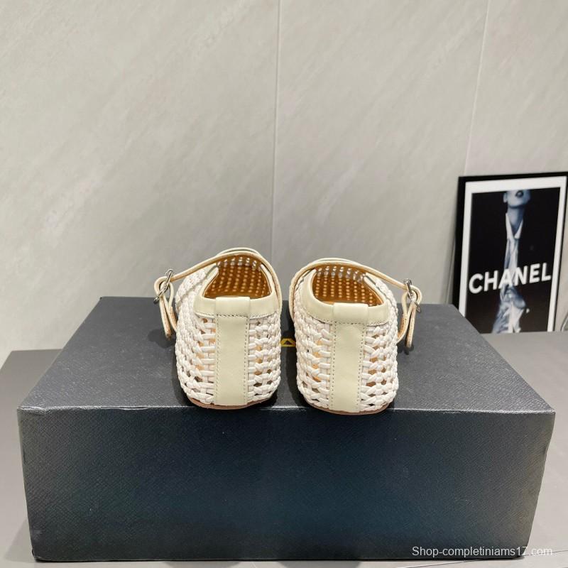 2025 Women Alaïa White Leather Woven Mary Jane Flat Shoes LY00360(F)