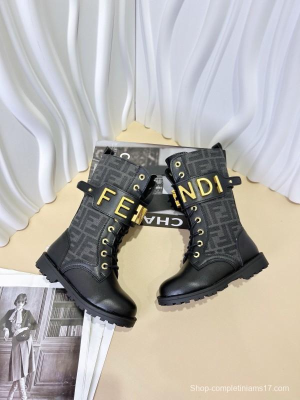 2024 Kids Fendi Black Brown Leather Fabric Boots