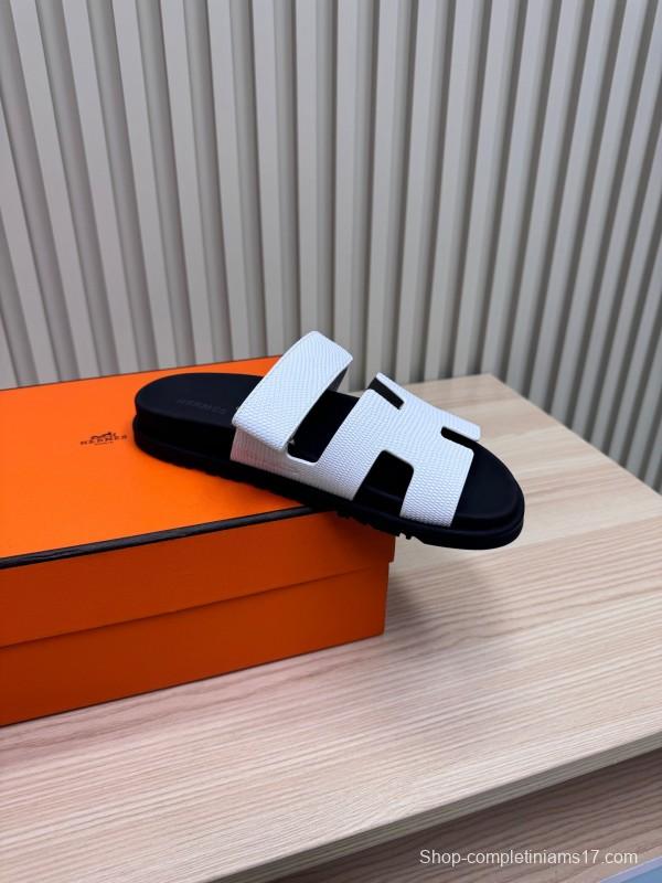 2025 Women Hermès White Black Leather Slippers