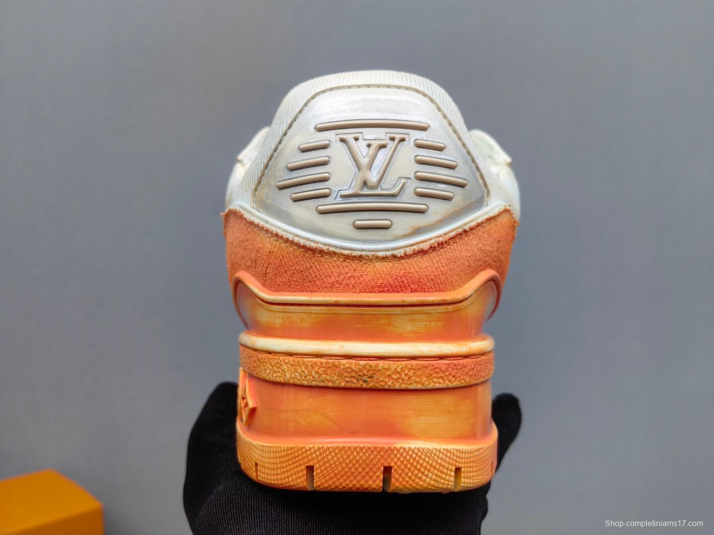 2025 Unisex Louis Vuitton Orange White Denim Leather Plimsolls Complex Wash KFY00510