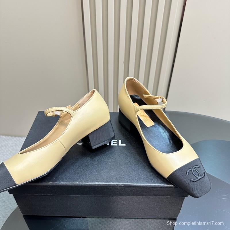 2025 Women Chanel Beige Black Leather Mary Jane Shoes KFY00290
