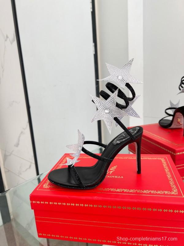 2025 Women RC Black Silk Crystal Star High Heel Sandals LY00340