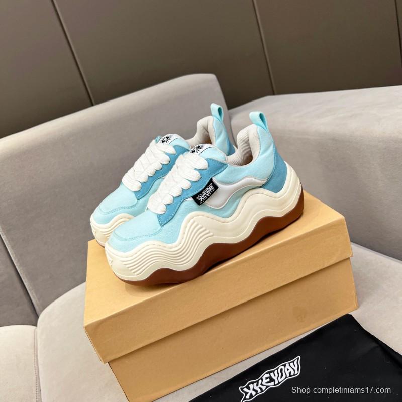 2025 Unisex HEYDAY Blue White Canvas Leather Wave Sneakers KFY00260