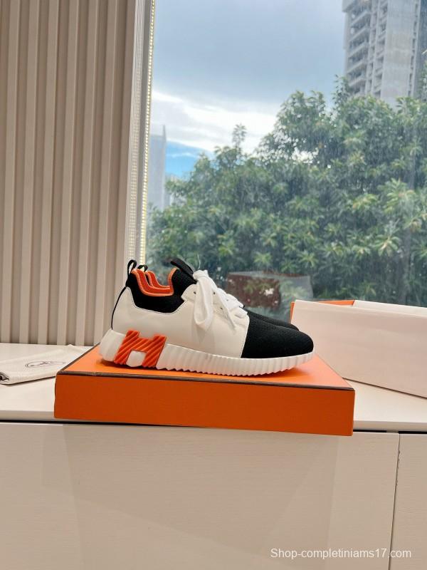 2024 Unisex Hermès Black White Orange Calfskin Suede Knitted Sneakers MJ00290