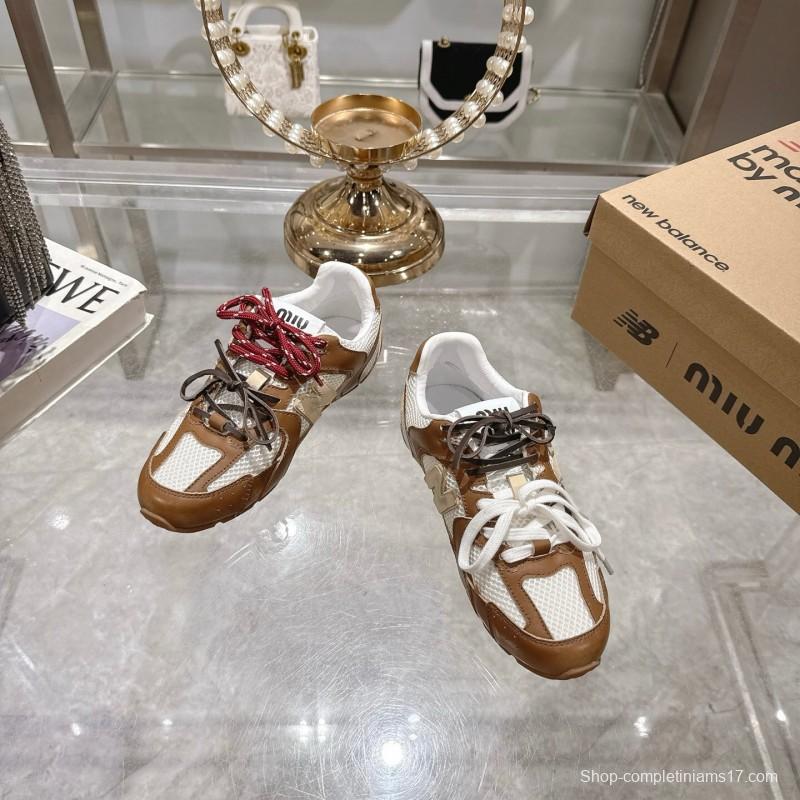 2025 Women Miumiu Brown White Leather Mesh Sneakers