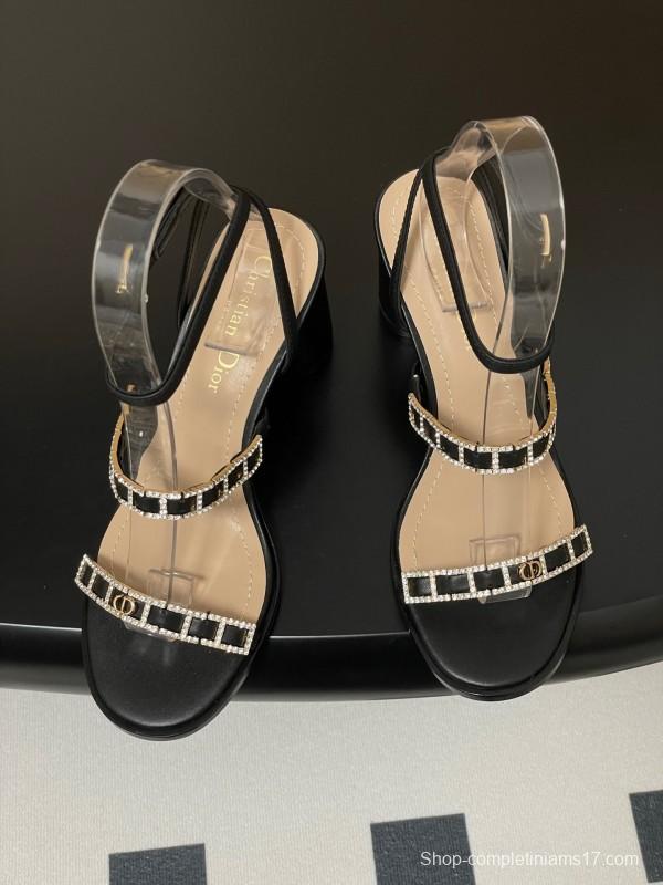 2025 Women Dior Black Leather Crystal Embellished High Heel Sandals