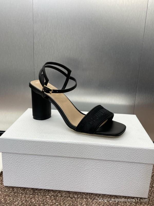 2025 Women Dior Black Leather Fabric Sandals