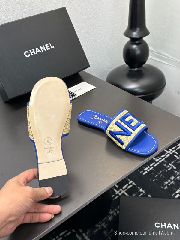 2025 Women CHANEL Blue Beige Canvas Slippers