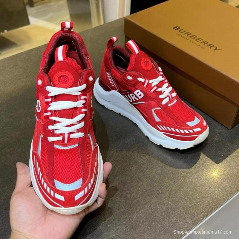 2025 Unisex Burberry Red Suede Leather Mesh Platform Sneakers MJ00380