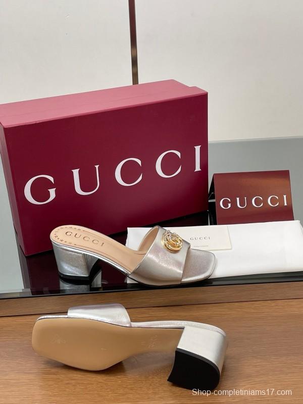 2025 Women Gucci Gold Leather Mules GG Emblem LY00280