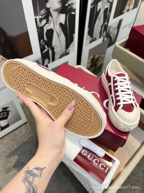 2025 Women Gucci Burgundy Canvas Rubber Sole Thick Platform Sneakers Handcrafted LY00270
