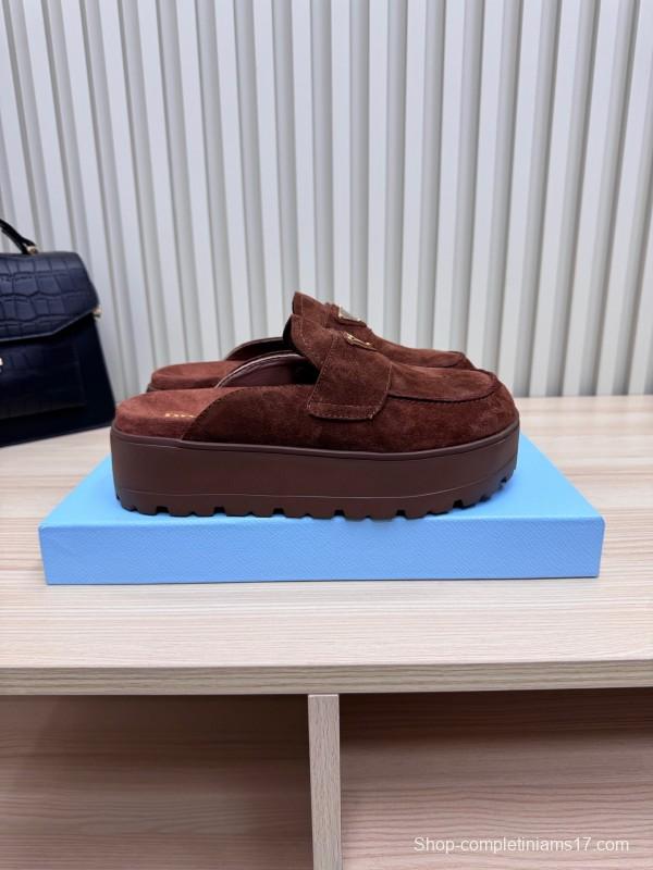 2025 Women Prada Brown Suede Platform Loafers