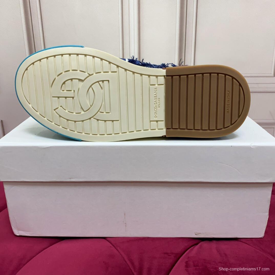 2025 Unisex Dolce & Gabbana Blue White Brown Denim Leather Sneakers