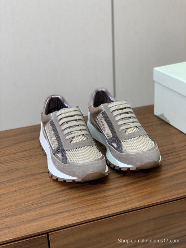 2025 Women Brunello Cucinelli Beige Brown Mesh Leather Sneakers