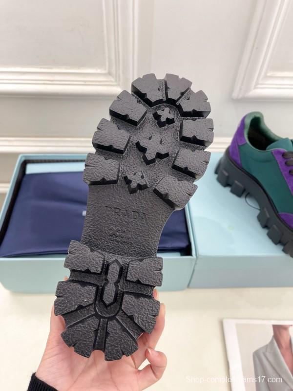 2025 Unisex Prada Purple Green Suede Silk Sneakers KFY00310(F)/KFY00330(M)