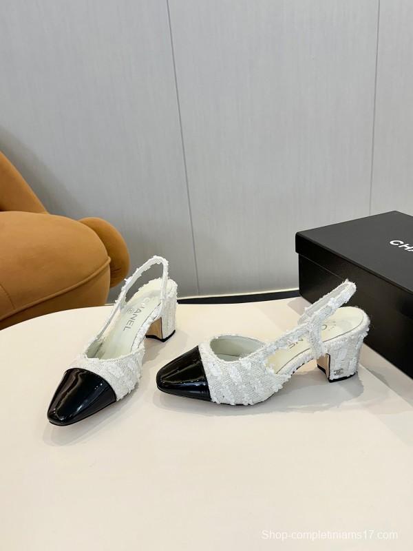 2025 Women Chanel White Black Tweed Patent Leather Slingback LY00240