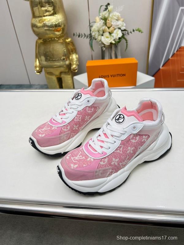 2025 Women Louis Vuitton Pink White Canvas Leather Sneakers
