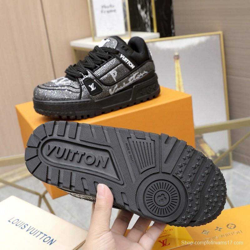 2024 Unisex Louis Vuitton Black Rhinestone Leather LV Trainer Sneakers MJ00430