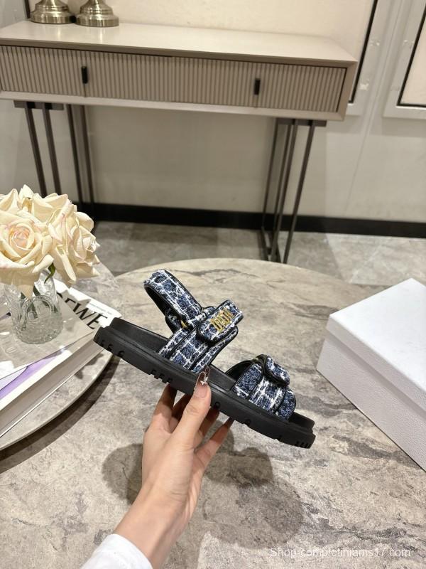 2025 Women Dior Black Blue White Fabric Leather Sandals KFY00300