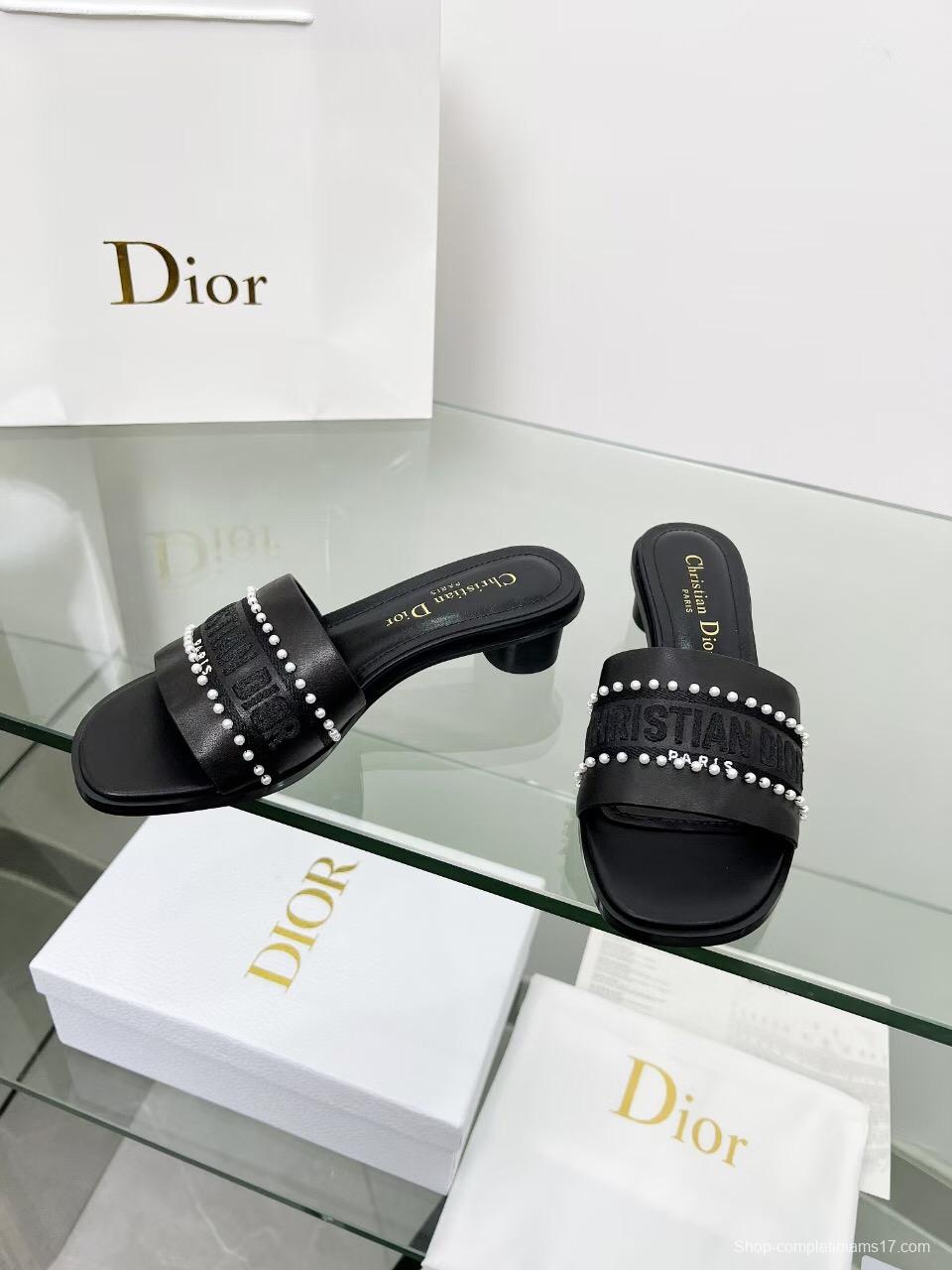 2025 Women Dior Black Leather Mules Pearl LY00210