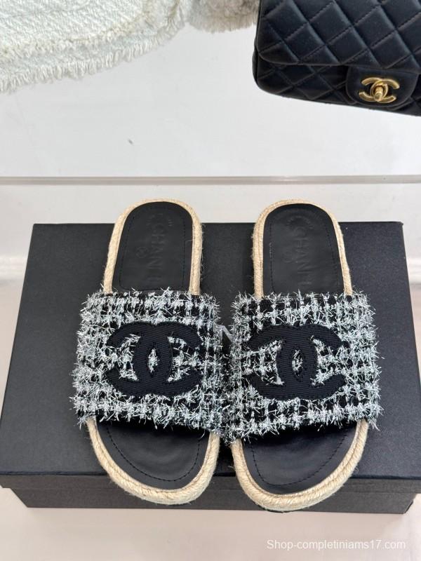 2025 Slippers Chanel Black White Tweed Espadrille Handcrafted KFY00230