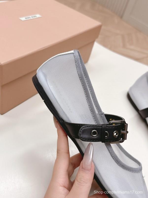 2025 Women Miu Miu White Black Mesh Leather Ballet Flats LY00230