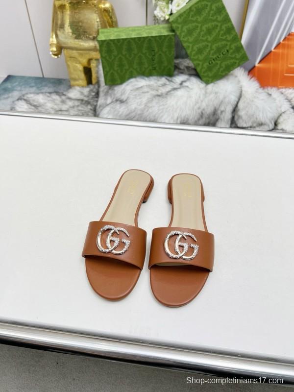 2025 Gucci Camel Leather Slippers GG Buckle MJ00190/225