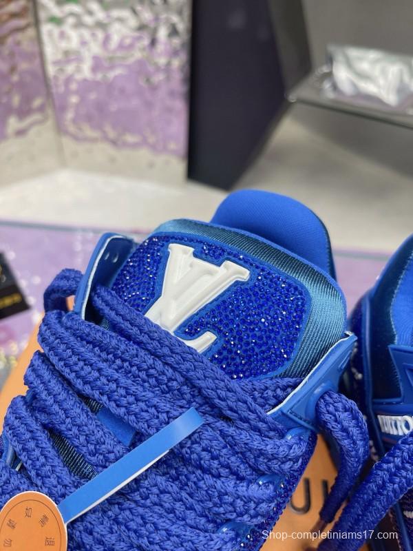 2024 Unisex Louis Vuitton Blue Rhinestone Trainer Sneakers Heat Pressing MJ00430