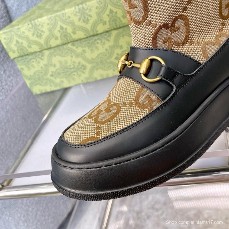 2024 Women Gucci Beige Brown Leather Shearling Snow Boots MJ00420