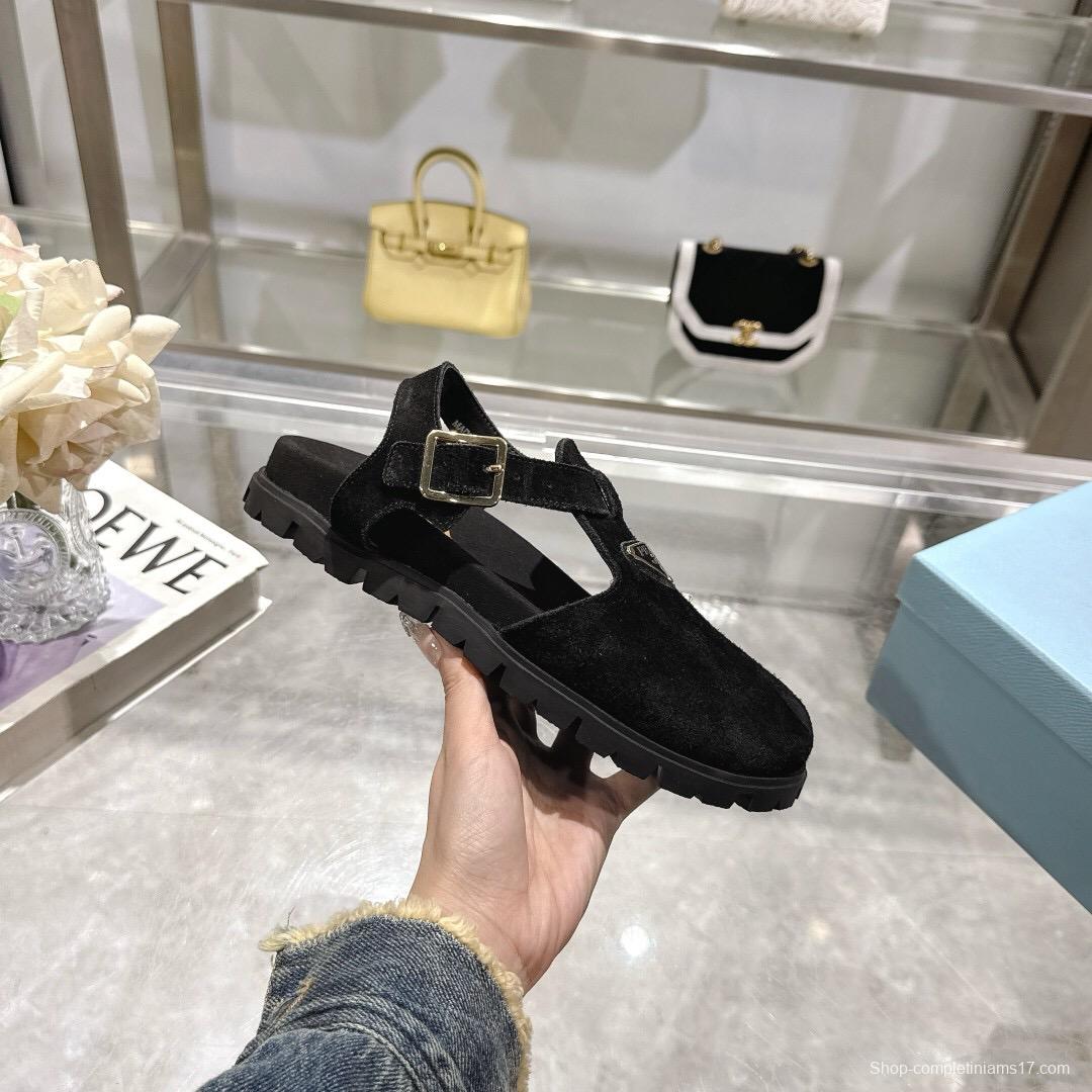 2025 Women Prada Black Suede Sandals LY00270