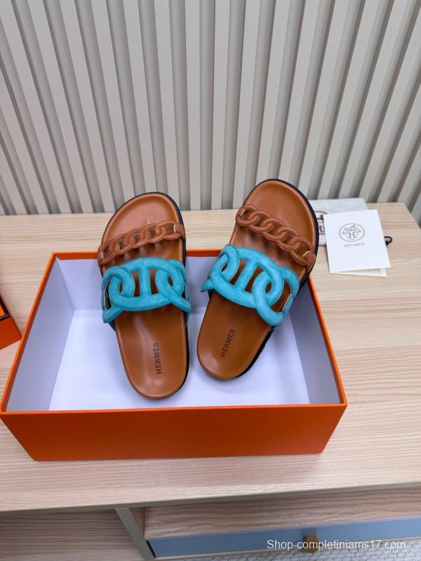 2025 Slippers Hermès Blue Brown Leather Slippers