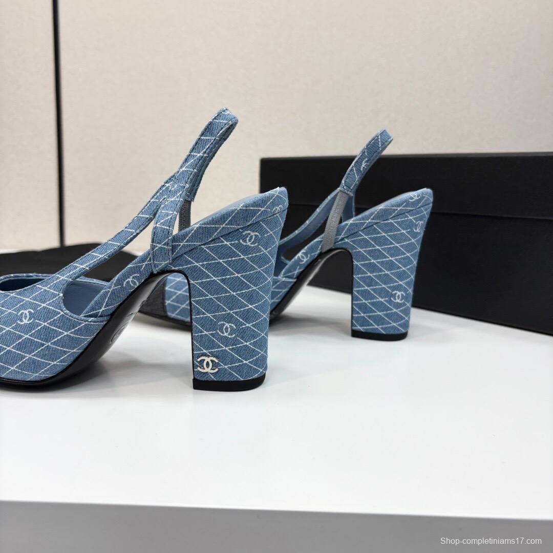 2025 Women Chanel Blue Black Denim Leather Slingback LY00270