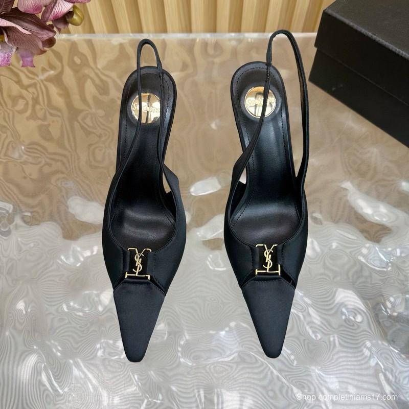 2025 Women Yves Saint Laurent Black Leather Slingback Pumps MJ00300