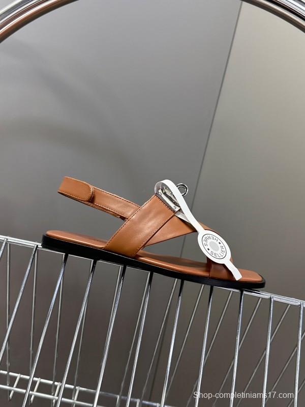 2025 Women Hermès Brown White Calfskin Leather Sandals Metal Hardware KFY00300