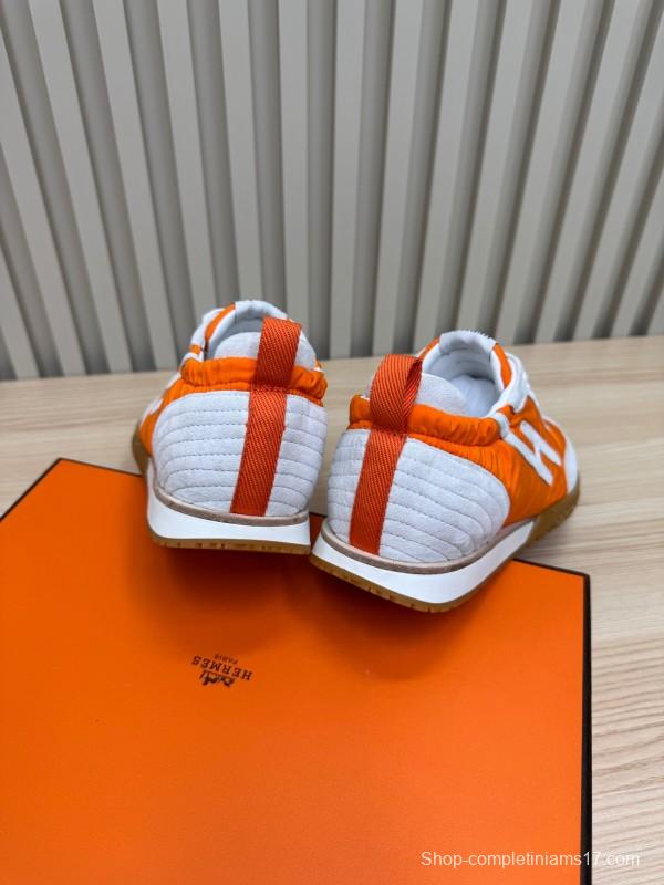 2025 Unisex Hermès Orange White Suede Nylon Sneakers Top Version LY00310