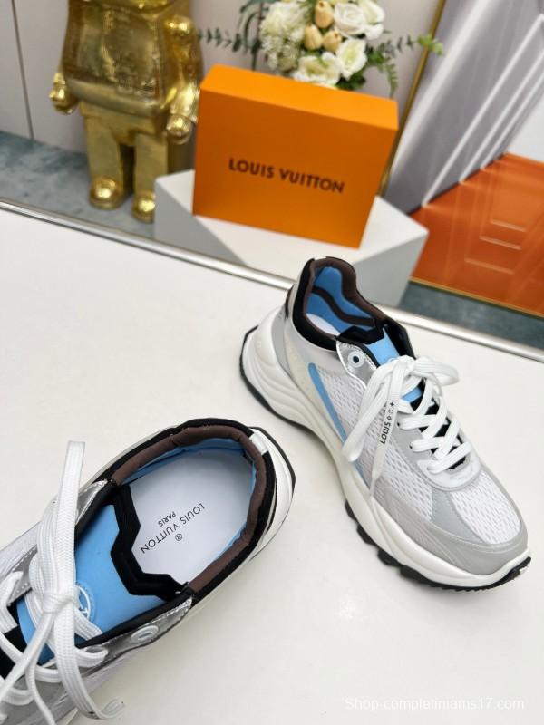2025 Unisex Louis Vuitton White Blue Leather Mesh Sneakers Monogram LV00340
