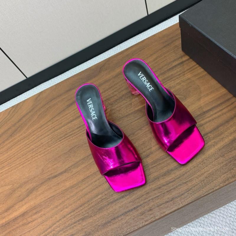 2025 Women VERSACE Pink Leather Slippers