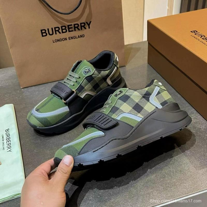 2025 Unisex Burberry Green Black Cotton Calfskin Suede Sneakers MJ00360(W)