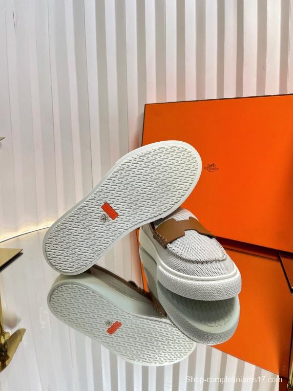2025 Unisex Hermès White Brown Leather Fabric Loafers