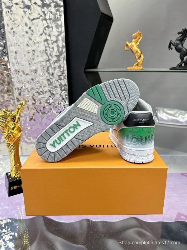 2024 Unisex Louis Vuitton Green White Leather Fabric Plimsolls Waxed Distressed Washed MJ00500