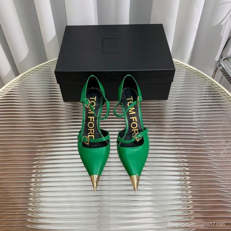 2025 Women TOM FORD Green Gold Leather Pointed Toe Mary Jane KFY00320