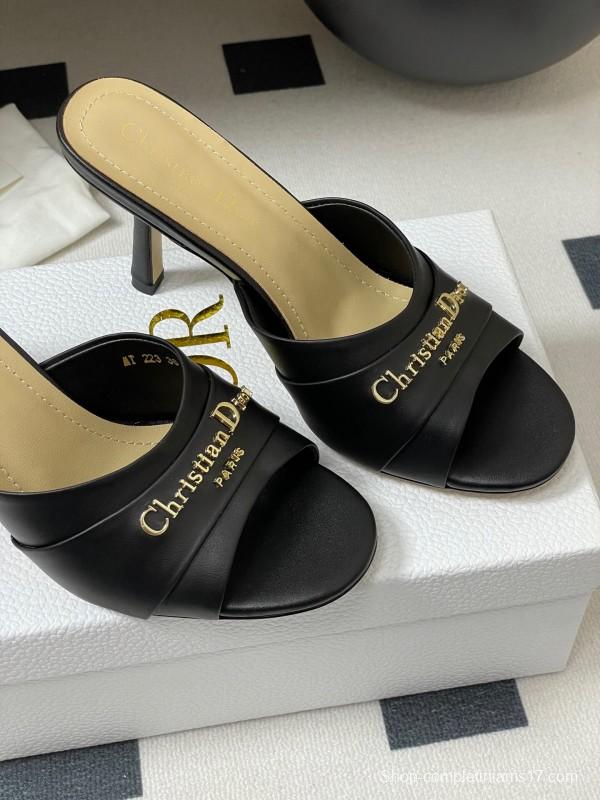 2025 Women Dior Black Leather High Heel Mules
