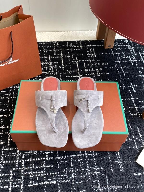 2025 Women Le Parmentier Grey Suede Thong Sandals KFY00280