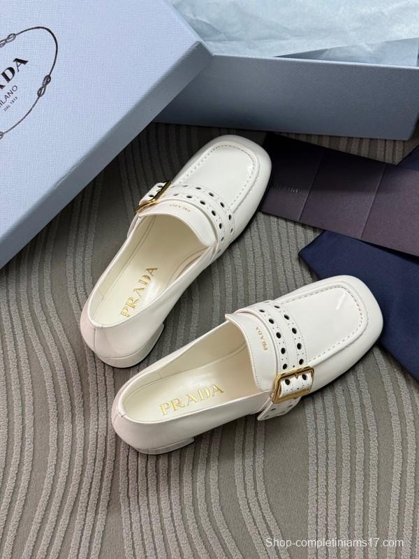 2025 Women Prada White Leather Loafers KFY00320