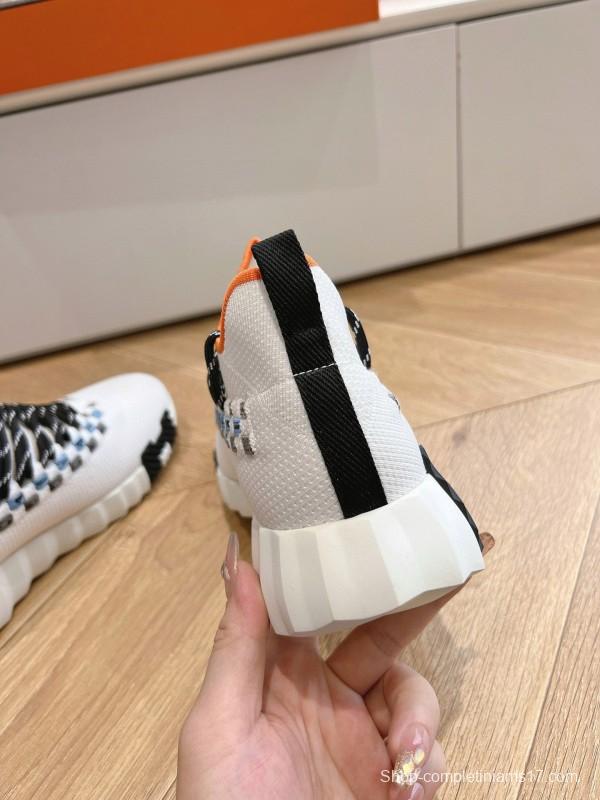 2024 Unisex Hermès White Black Orange Calf Suede Sneakers MJ00290