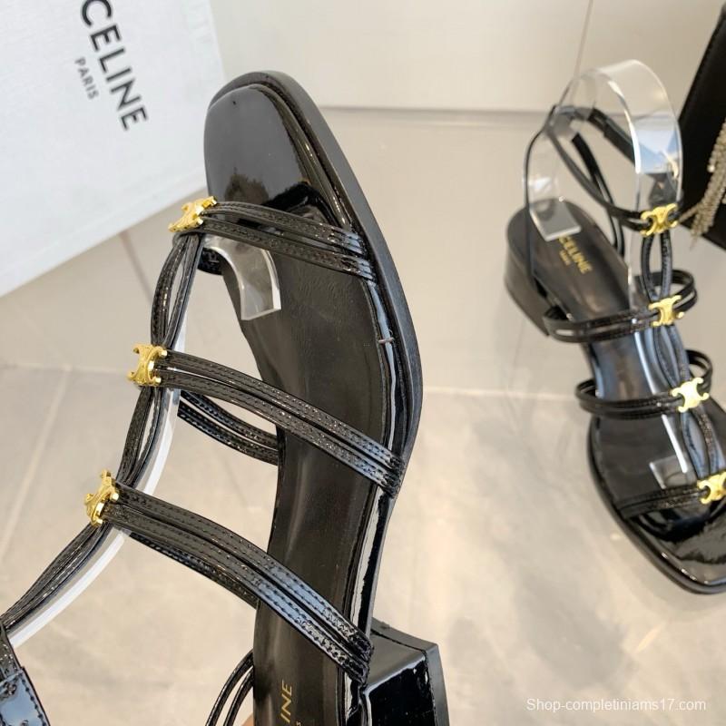 2025 Women Celine Black Patent Leather Sandals