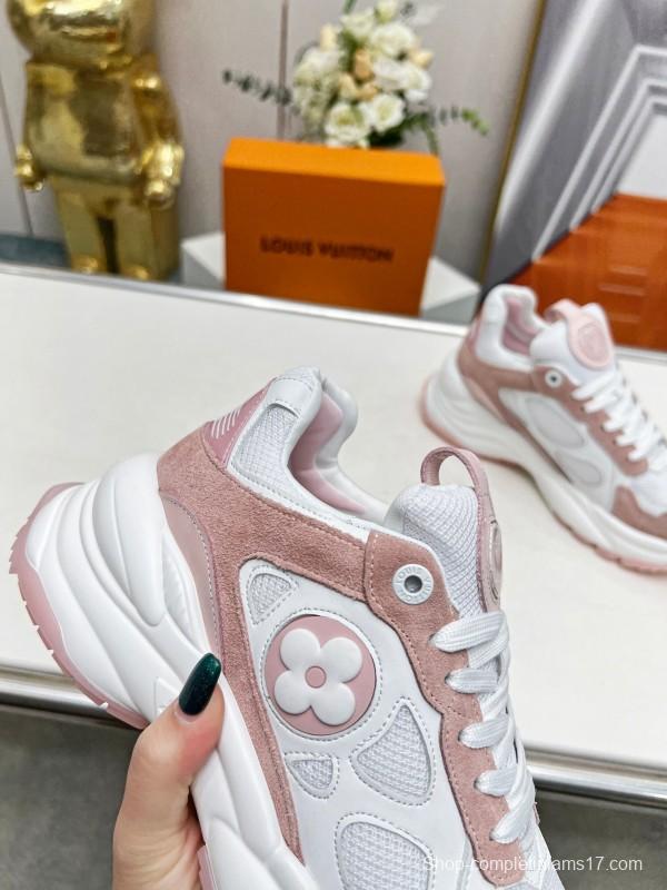 2025 Women Louis Vuitton White Pink Suede Mesh Sneakers LY00340