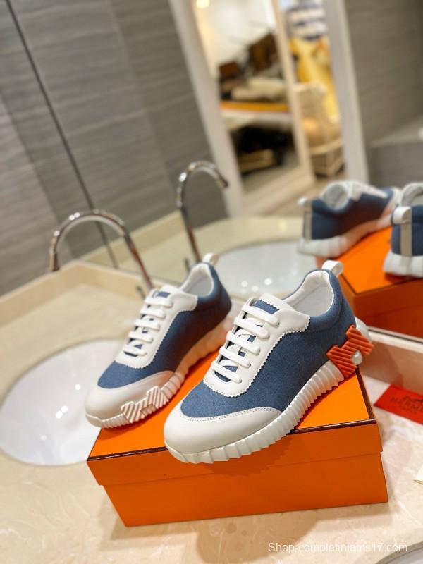 2024 Unisex Hermès Blue White Imported Silk Lambskin Casual Sneakers MJ00320
