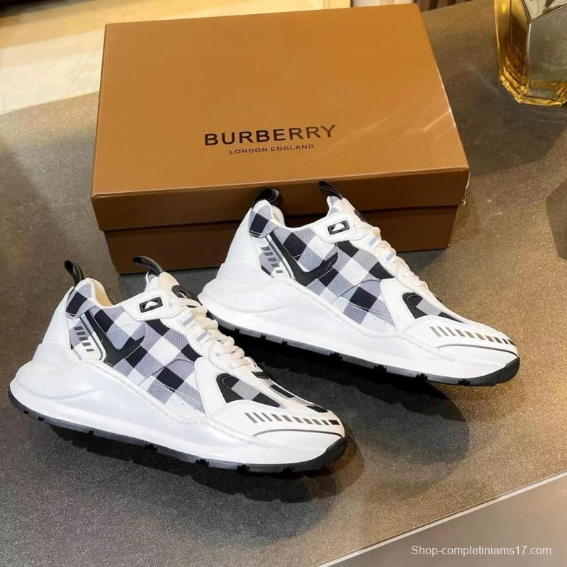 2025 Unisex Burberry White Black Cotton Leather Suede Chunky Sneakers Vintage Check MJ00380(F/W)