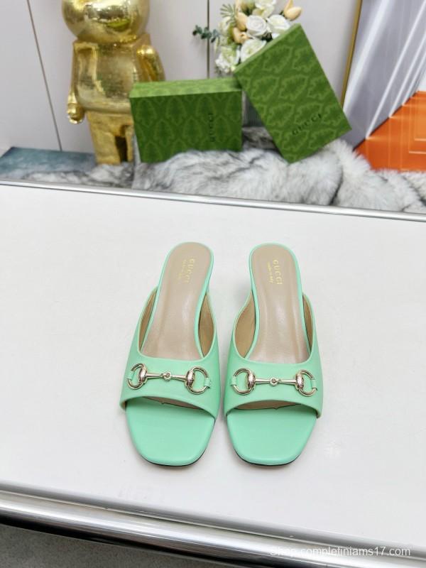 2025 Women Gucci Green Leather Heeled Slippers MJ00180
